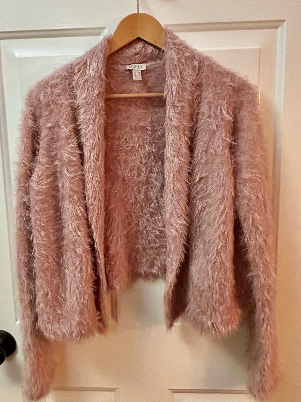 LOGO by Lori Goldstein Eyelash Shaggy Knit Open Front Cardigan Mauve Pink XS - Picture 2 of 5